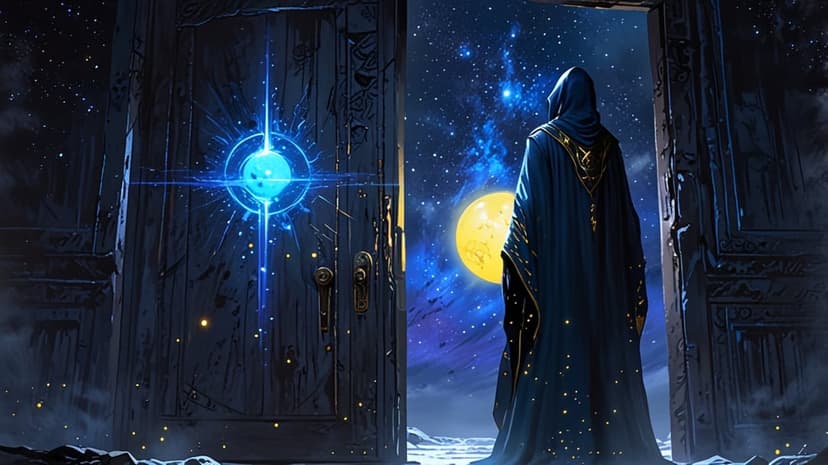 Cloaked figure looks through a stone portal at a vast cosmic sky with a bright moon and glowing blue energy orb.