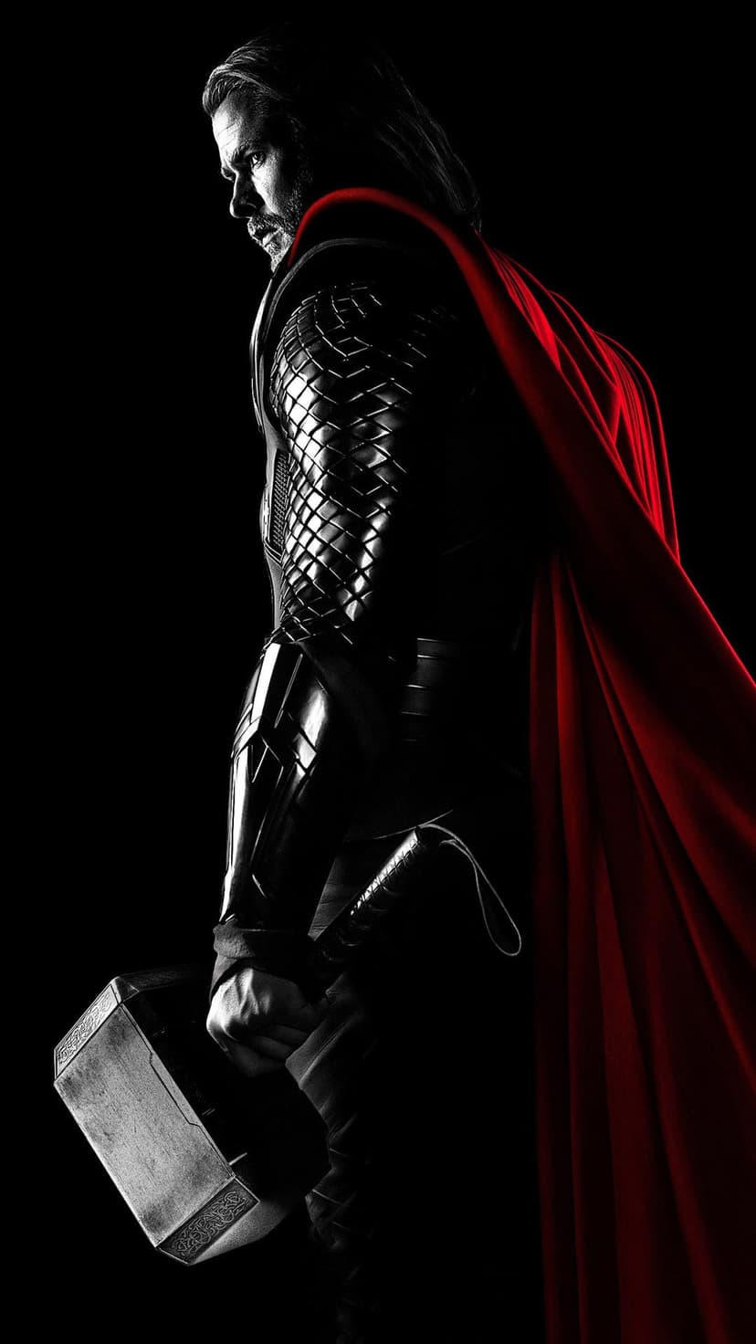 Thor in side profile grips Mjolnir with his right hand, featuring a textured chest plate and long red cape.