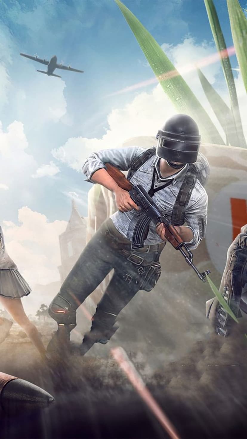 Tactical soldier in a level 3 helmet carries an AKM rifle through grass with a supply plane in the sky.