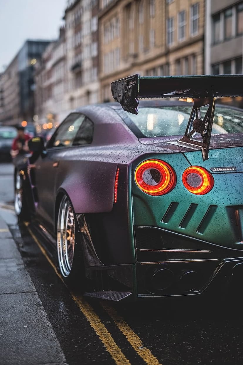 Modified Nissan GT-R with iridescent paint and a large spoiler parked on wet pavement during a rainy night.