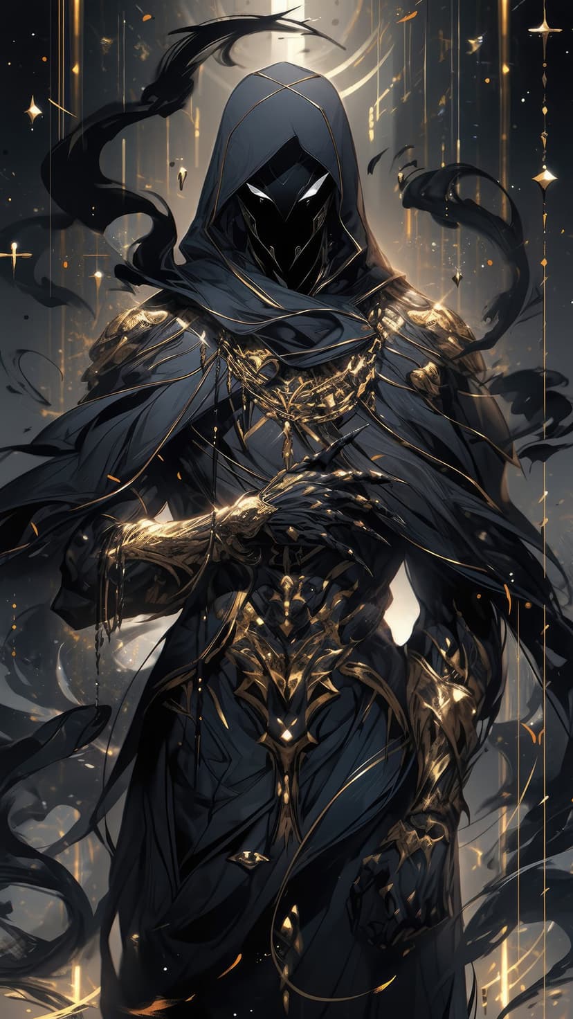 Hooded figure wearing ornate gold and black armor with glowing embers and sharp metallic details in shadow.