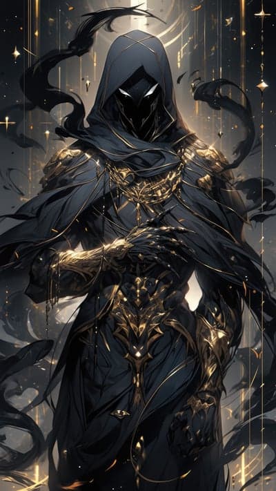 Mysterious hooded figure in ornate gold and black armor