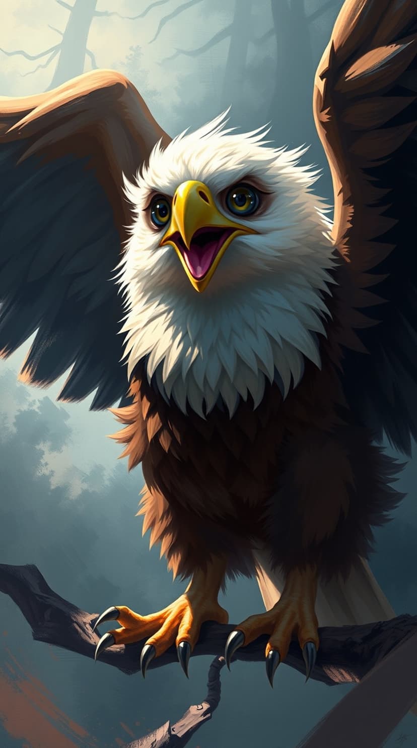Bald eagle with wings spread wide and beak open in a roar, perched on a dark branch amidst a foggy forest.