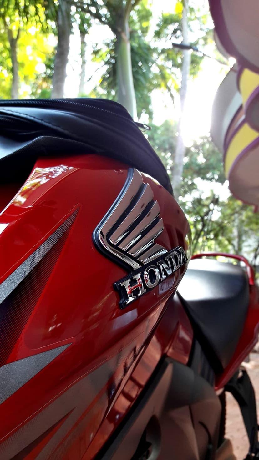 Red Honda motorcycle with a chrome emblem and black seat reflects green foliage under bright outdoor sunlight.