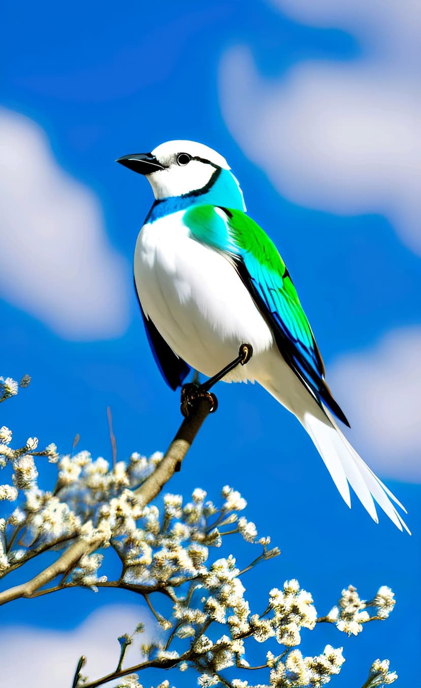 White bird with blue wings perched on a flowering branch against a clear sky during a bright spring morning.