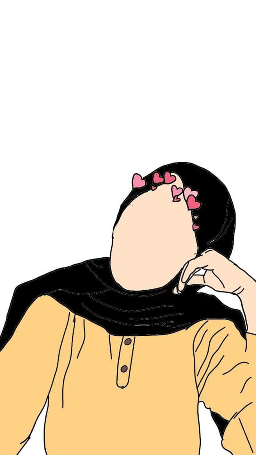 Woman in a black hijab and yellow shirt stands surrounded by floating pink hearts against a light background.
