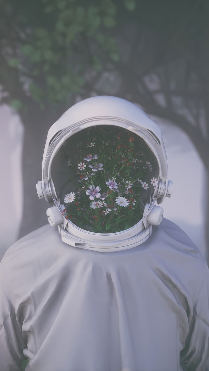 Astronaut helmet holding a dense bouquet of wildflowers stands amidst a foggy and blurred forest landscape.