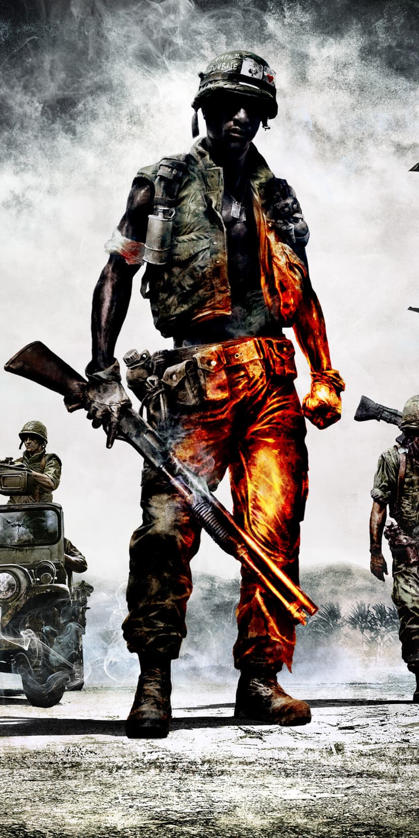 Soldier in Vietnam gear holds a shotgun with orange fire light reflecting on his pants and flak vest.