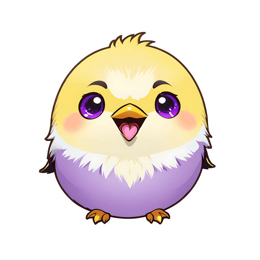 Chick bird sticker with a yellow head and purple body features glossy eyes and a thick white outline.