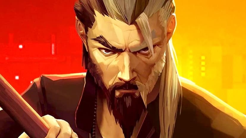 Bearded warrior with split black and white hair holding a staff against a red and yellow background.
