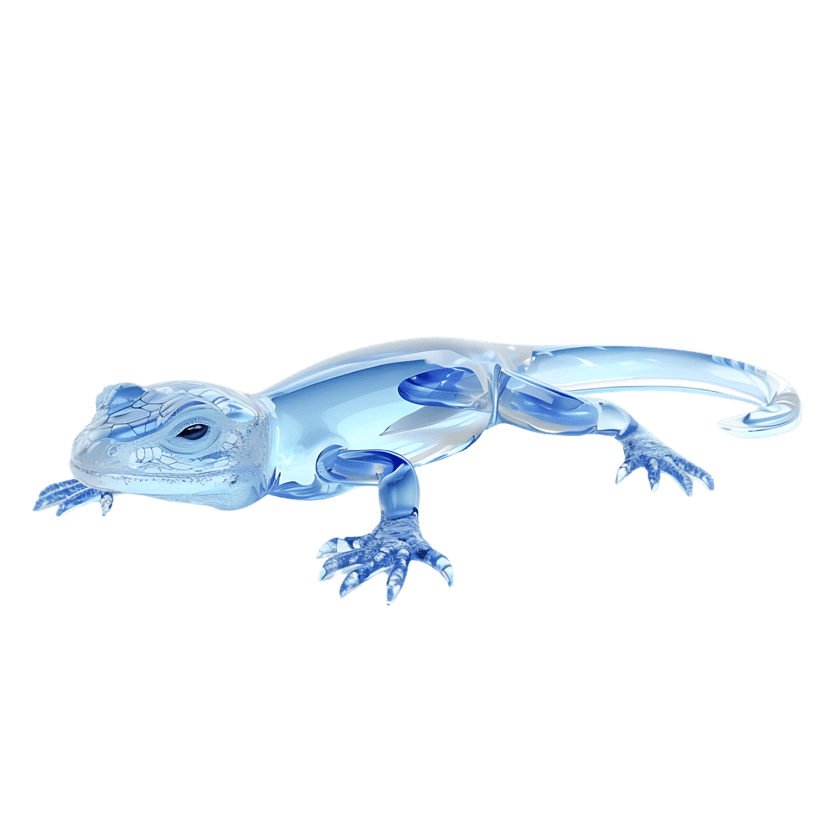 Blue crystal lizard sculpture features translucent blue scales and sharp claws against a solid black background.