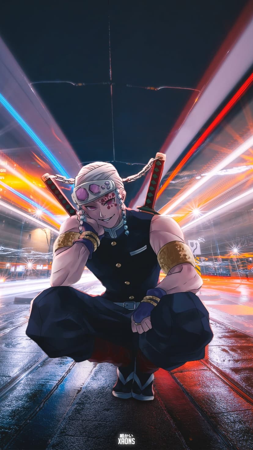 Tengen Uzui posing with a flamboyant expression against a background of blurred night city lights and neon streaks.