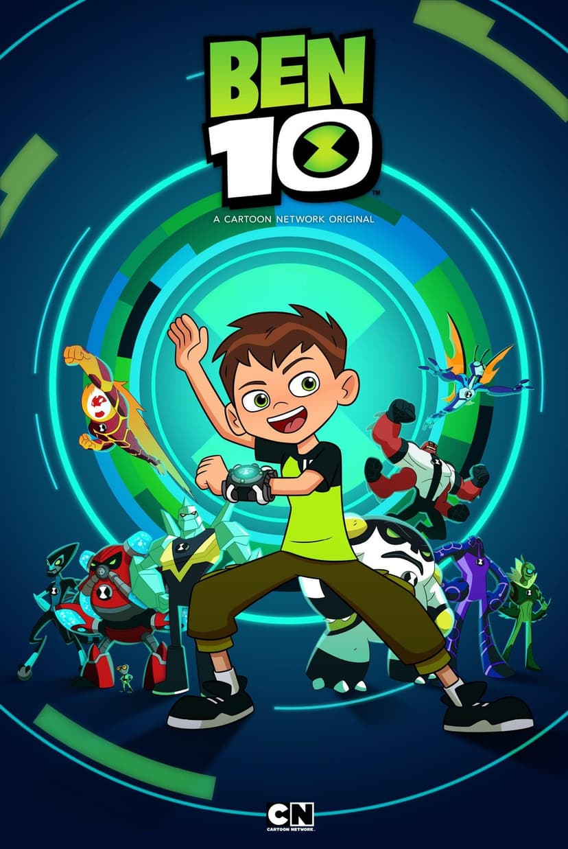Ben Tennyson stands amidst glowing green energy and various alien silhouettes wearing his signature Omnitrix device.