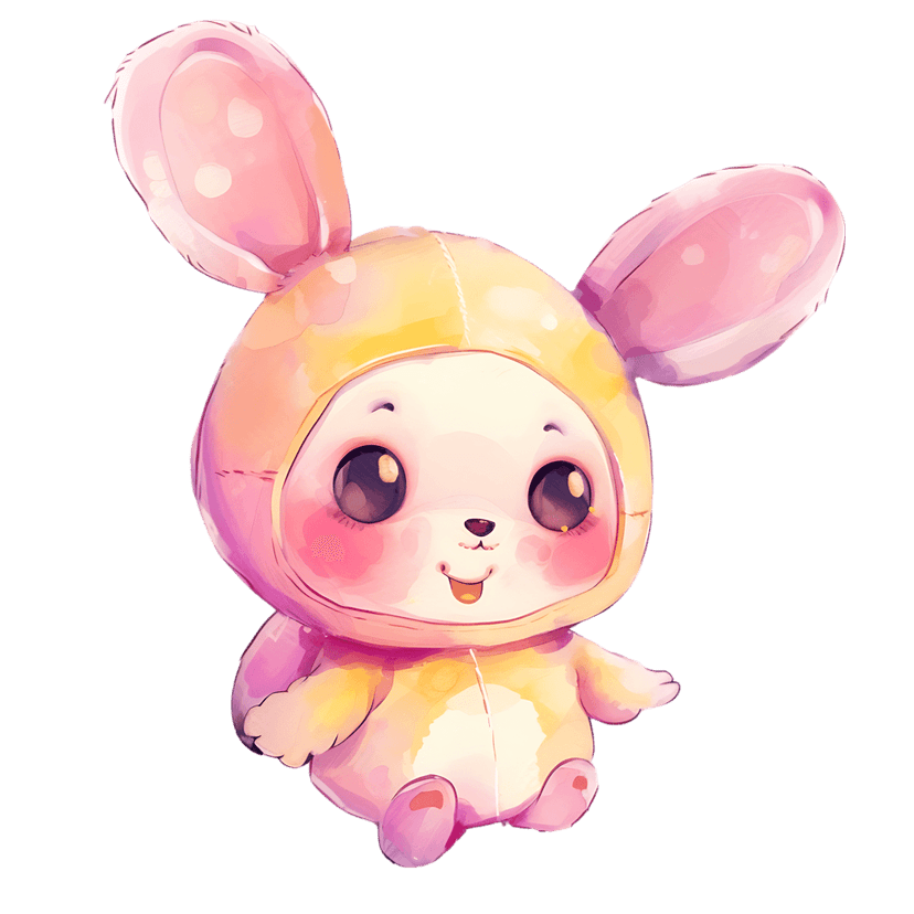 Pangolin character wearing pink bunny ears costume with yellow accents in a soft watercolor digital style.