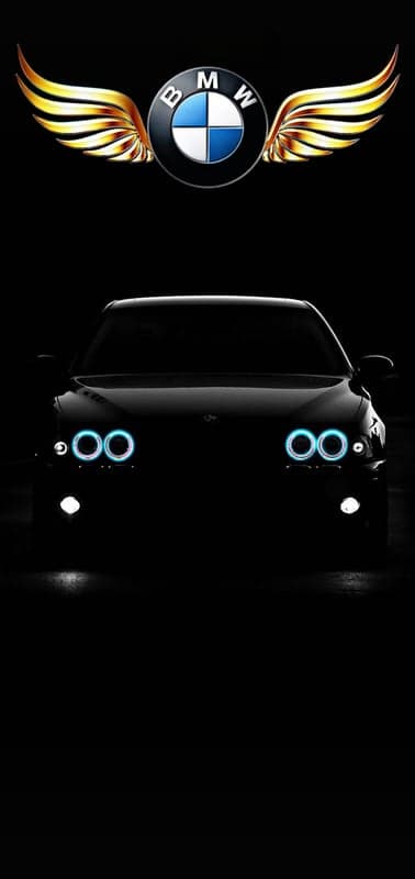 BMW Logo with Golden Wings and Dark Car.