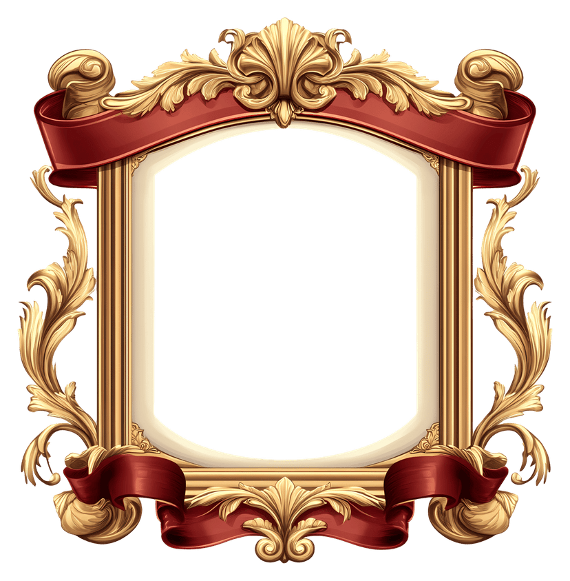 Ornate gold border frame features intricate baroque filigree carvings and a centered metallic ribbon accent.