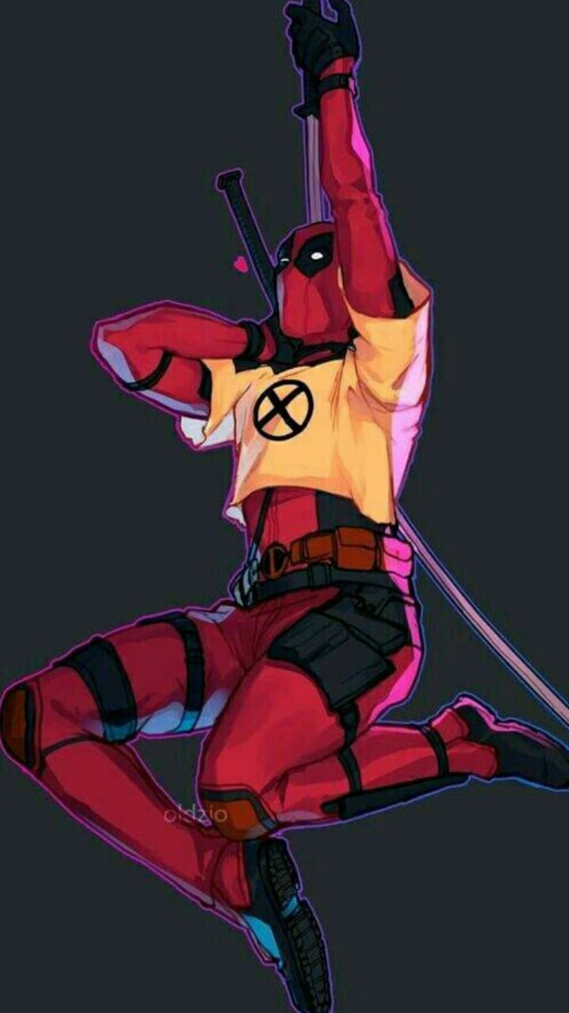 Deadpool wearing a red suit and yellow X-Men crop top with katanas on his back against a dark background.
