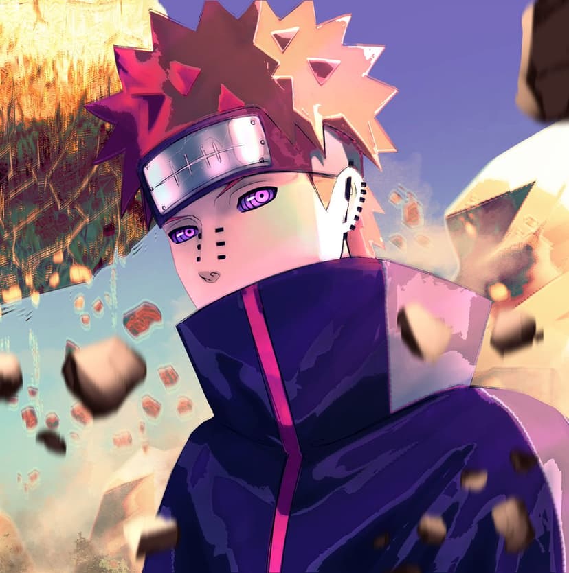 Pain from Naruto stares forward with purple Rinnegan eyes and spiky orange hair surrounded by floating stones.