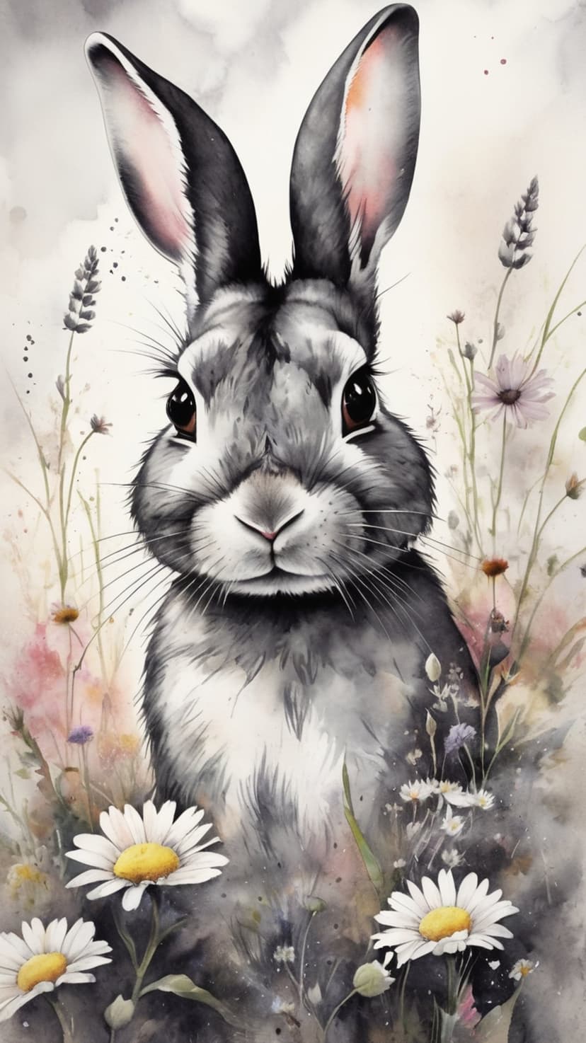 Gray rabbit with soft fur nestled among white daisies and wildflowers against a pastel purple backdrop.