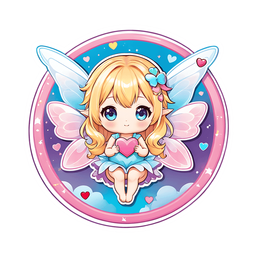 Blonde fairy sticker holding heart within circular pastel frame featuring blue wings and celestial background.