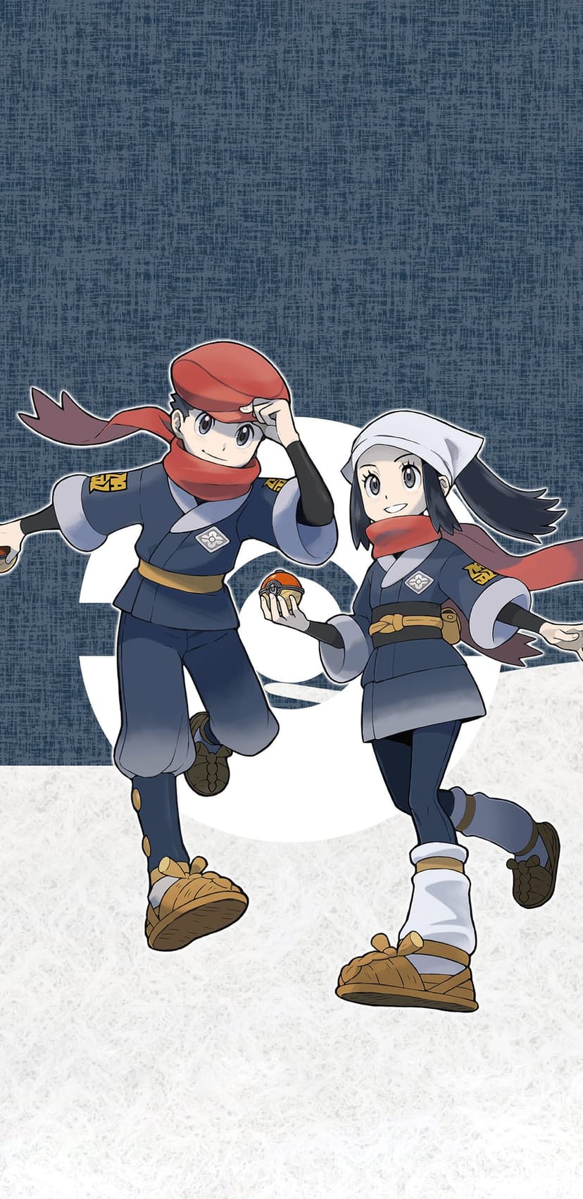Rei and Akari in Survey Corps uniforms pose with a wooden Poke Ball over a blue and white textured background.
