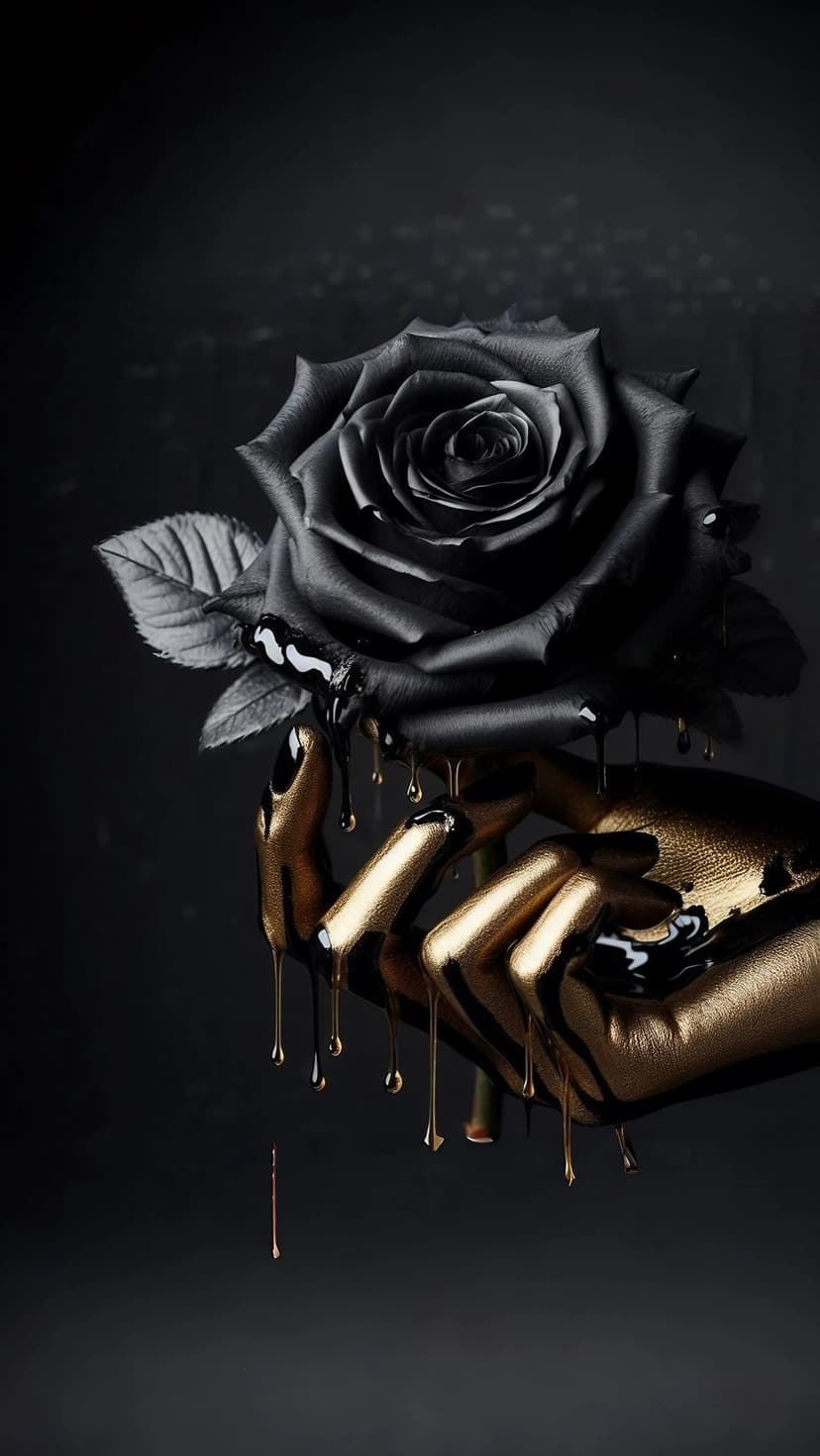 Metallic golden hand holding a black rose with liquid gold dripping from fingers against a dark backdrop.