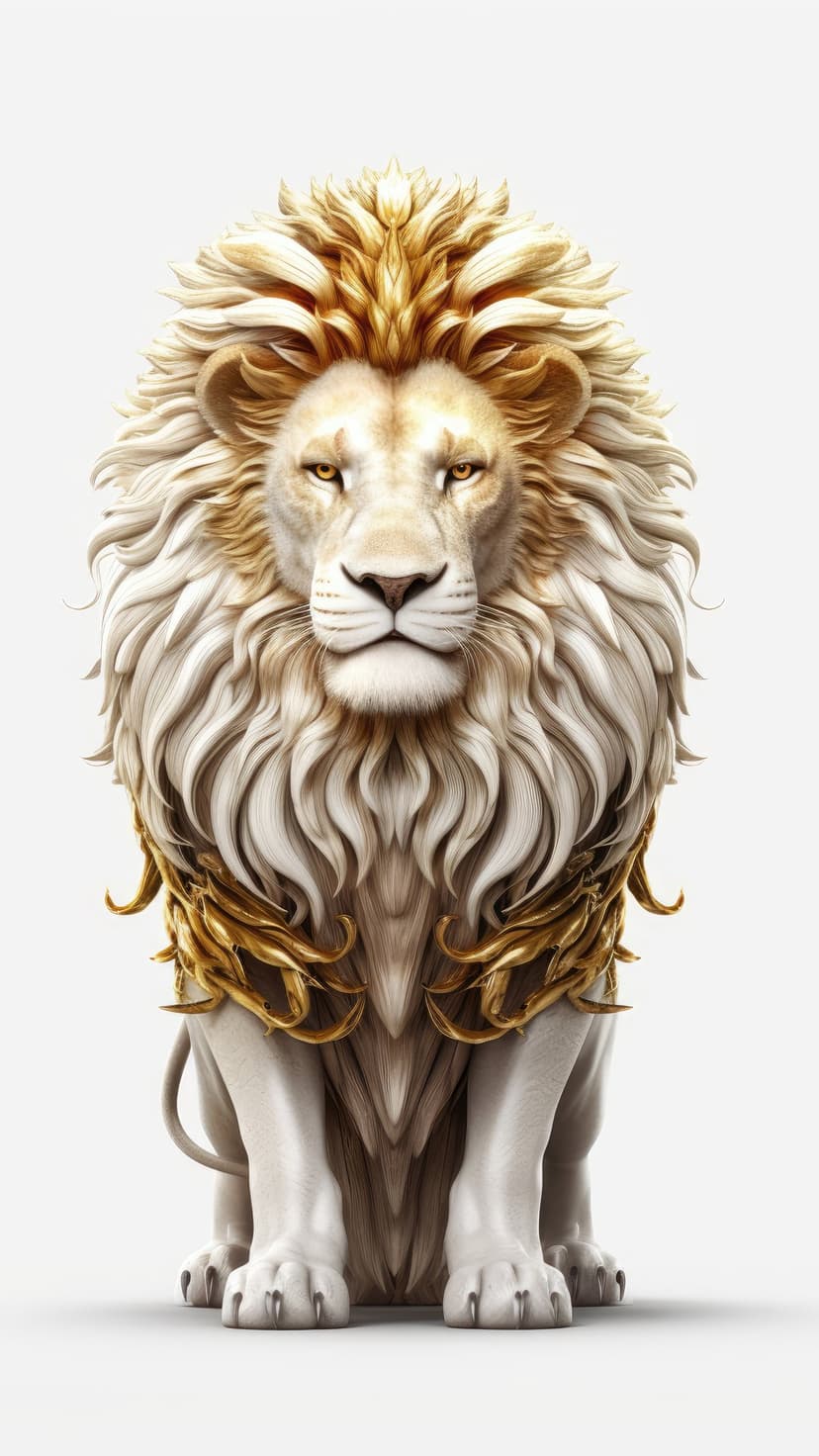 White lion with a thick golden mane wears ornate chest armor while staring ahead with piercing amber eyes.
