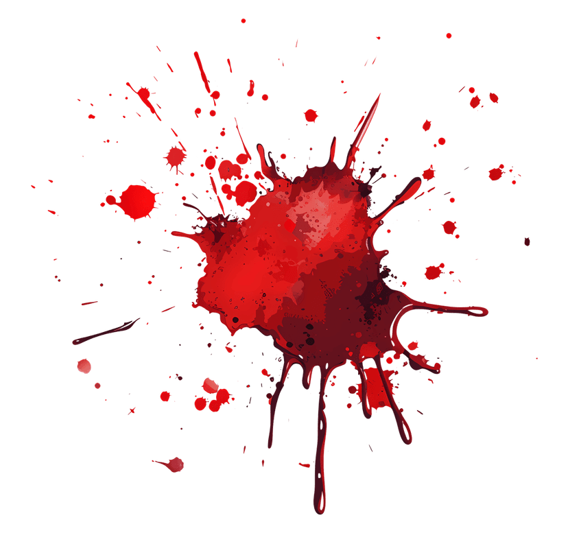 Red paint splatter with liquid droplets and fine mist spray texture over a transparent background.