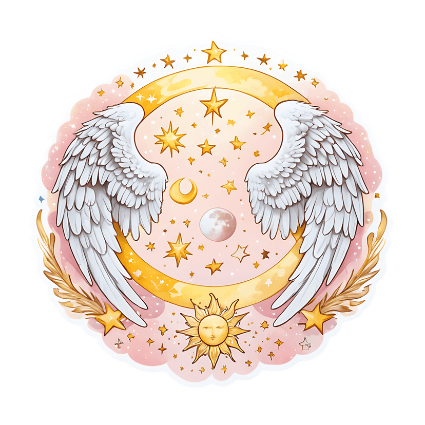 White angel wings sticker with golden crescent moon and sun face on a pink cloud background with yellow stars.