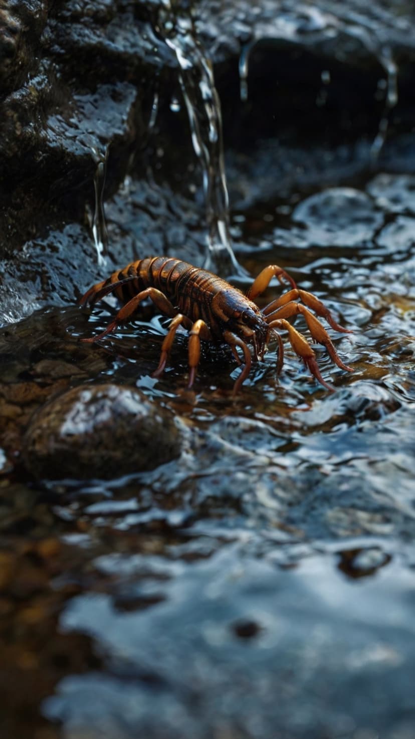 Water scorpion with a reddish-brown exoskeleton clings to dark, wet stones in a flowing shallow stream.
