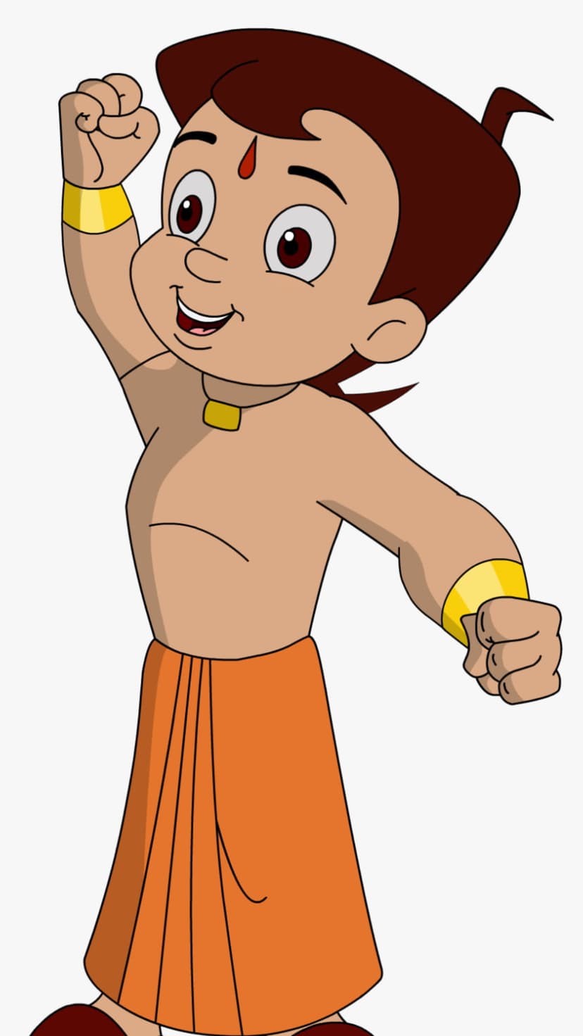 Chhota Bheem wears an orange dhoti and gold jewelry with a red tilak on his forehead in a heroic pose.