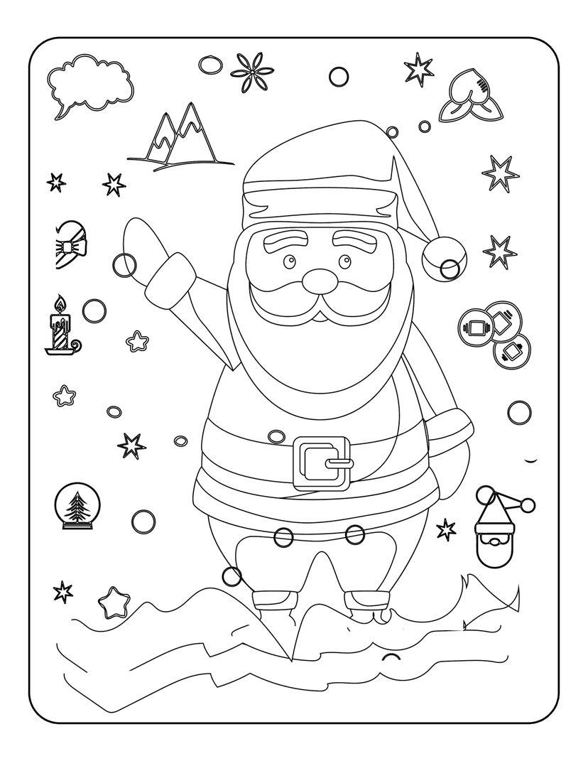 Santa Claus coloring page featuring a waving figure surrounded by stars, snowflakes, and a candle on white snow.