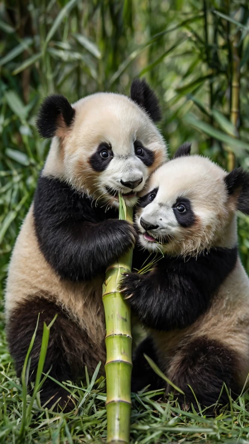Two panda cubs with black and white fur sit closely together while gnawing on a green bamboo stalk in the wild.