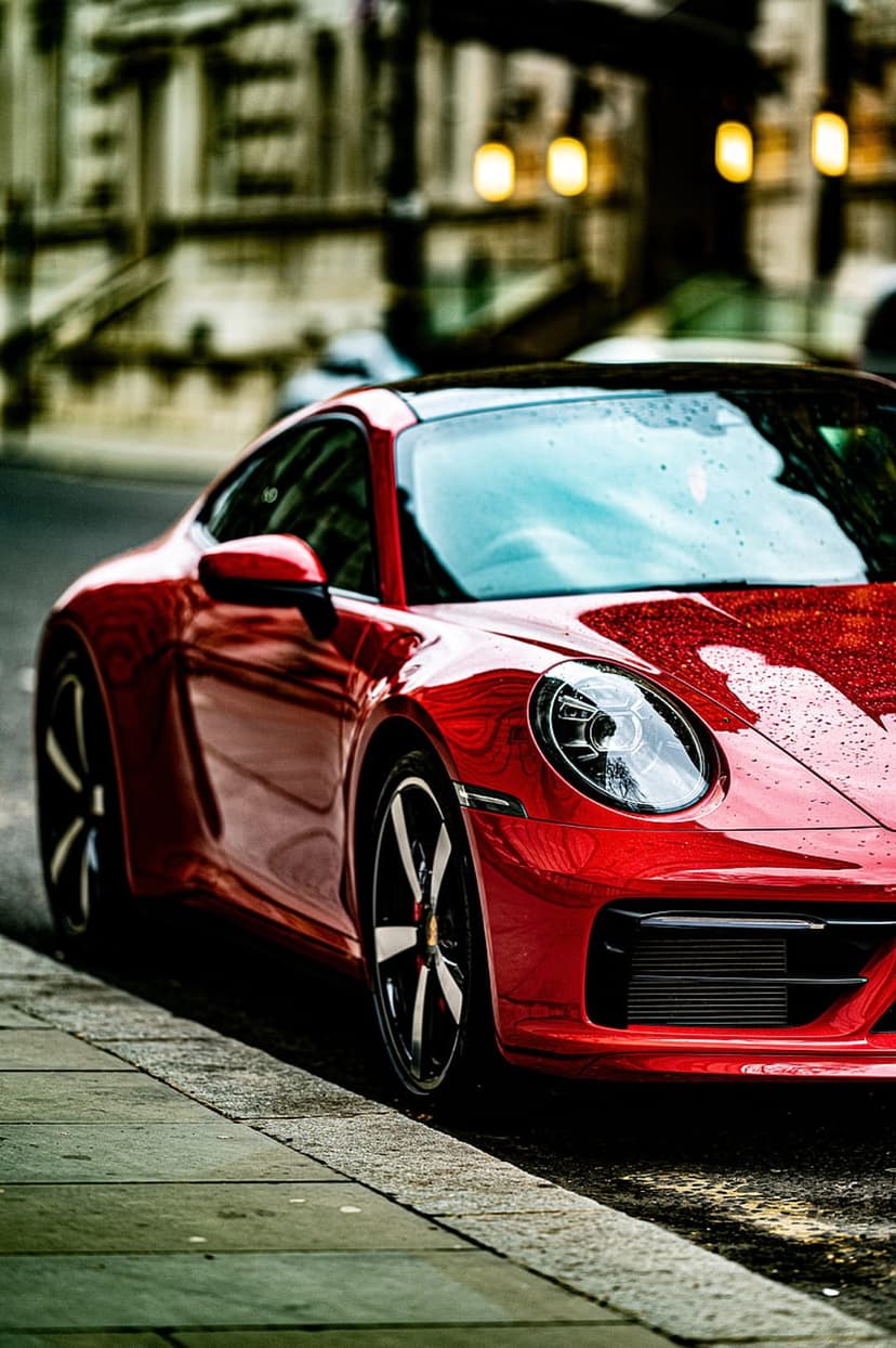 Red Porsche 911 with raindrops on its hood parked on a wet cobblestone street at night with blurred city lights.