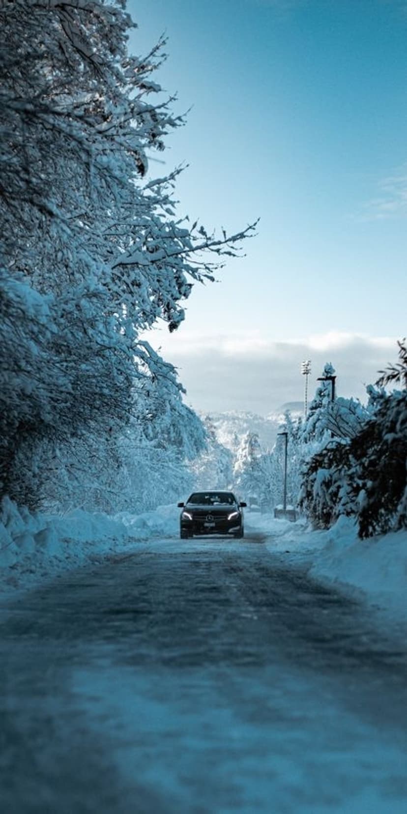 Dark car driving on a narrow snowy road between frost-covered pine trees under a clear blue winter sky.