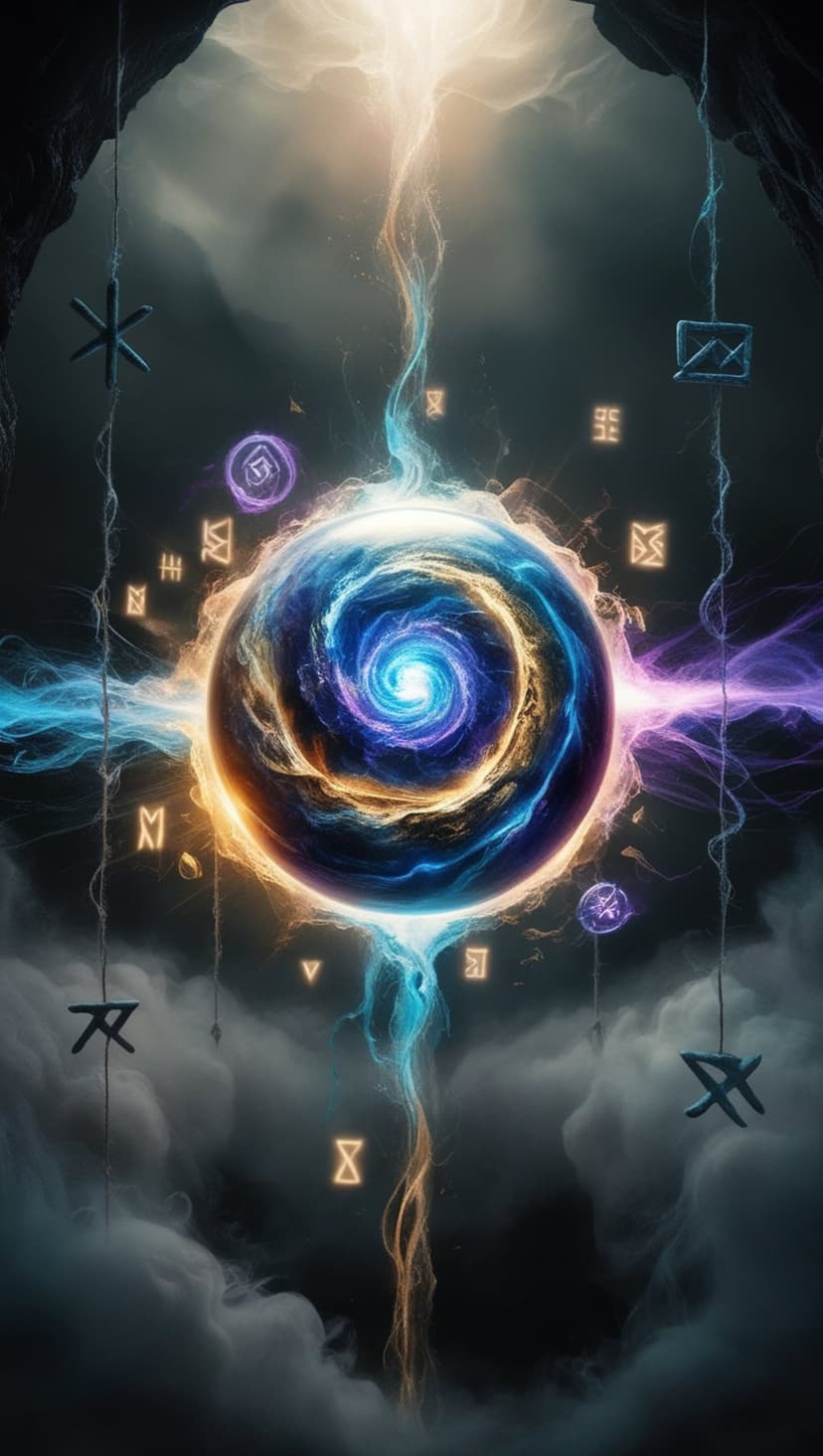 Swirling blue energy orb centered among floating orange runes and purple light beams in a dark cavernous space.