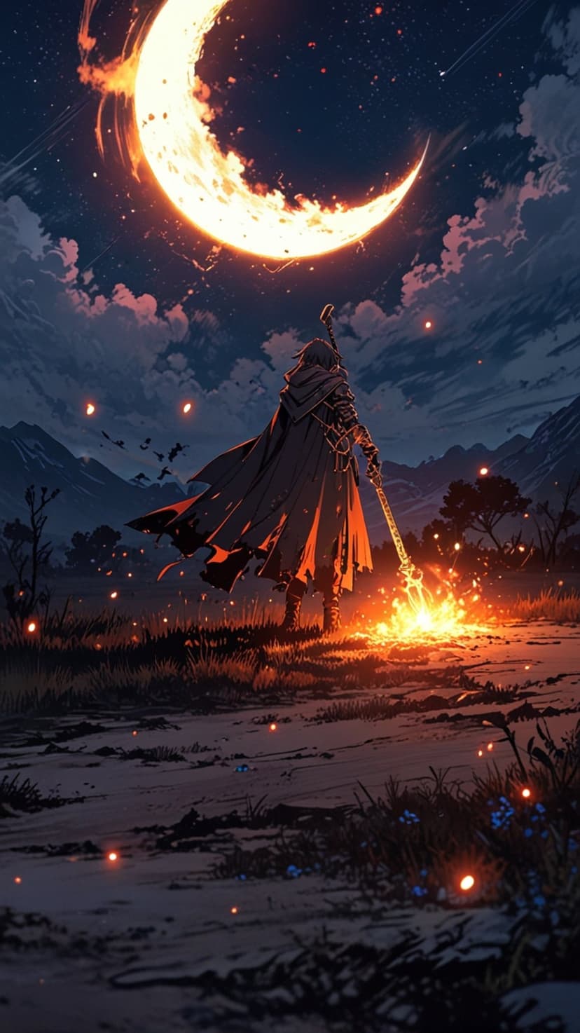 Cloaked figure holding a glowing staff by a campfire under a massive orange crescent moon in a mountain landscape.