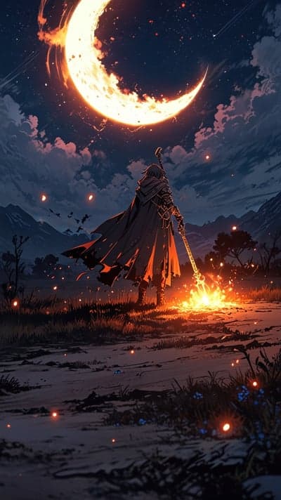 Cloaked Wizard Campfire and Blazing Crescent Moon Background