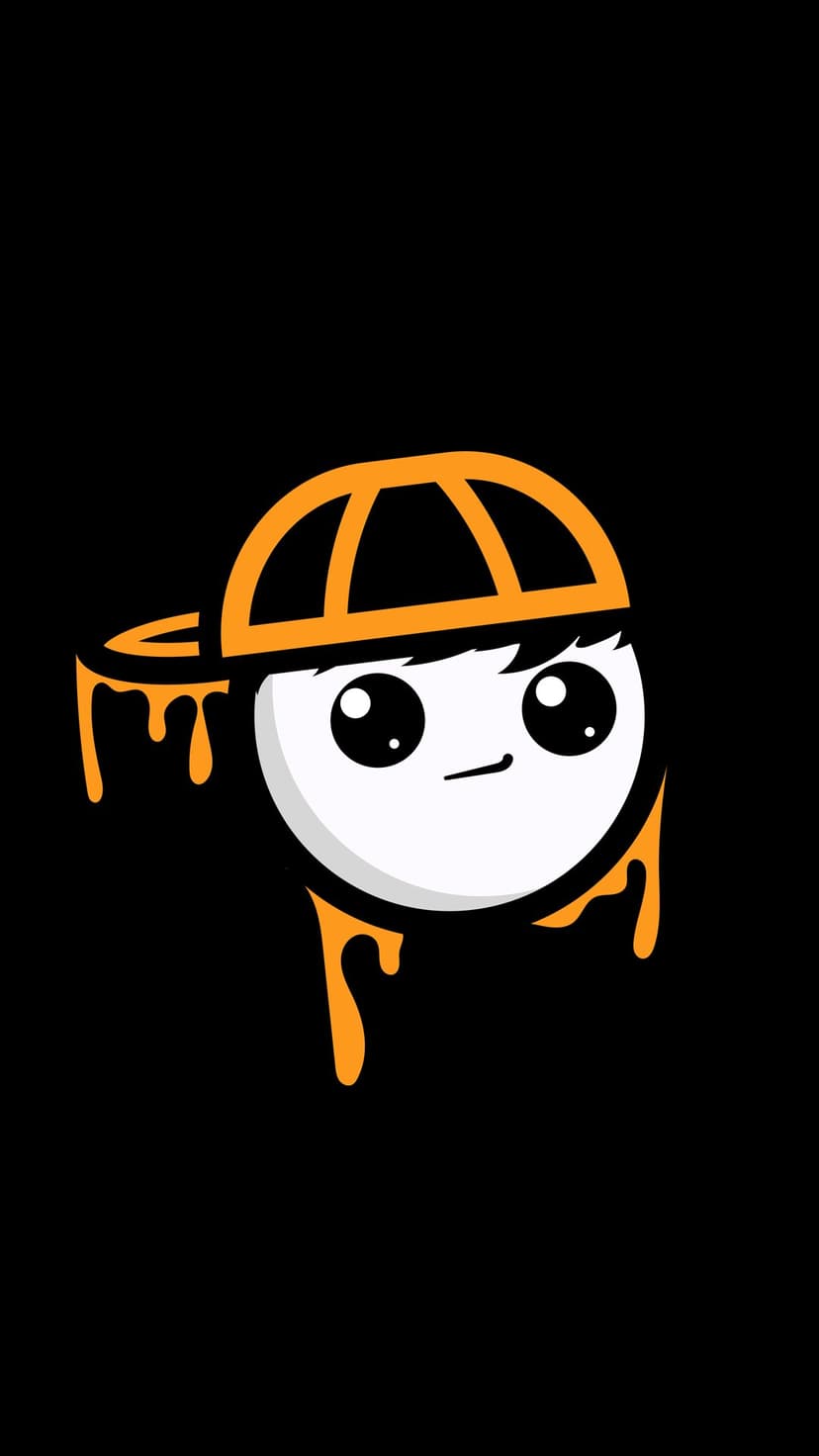 White circular character with large black eyes wears a dripping orange segmented hat on a dark background.