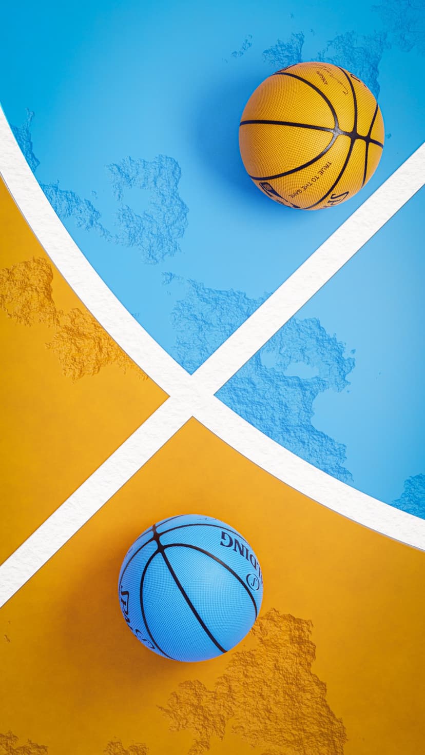 Blue and yellow basketballs rest on a textured asphalt court with white boundary lines in an overhead view.