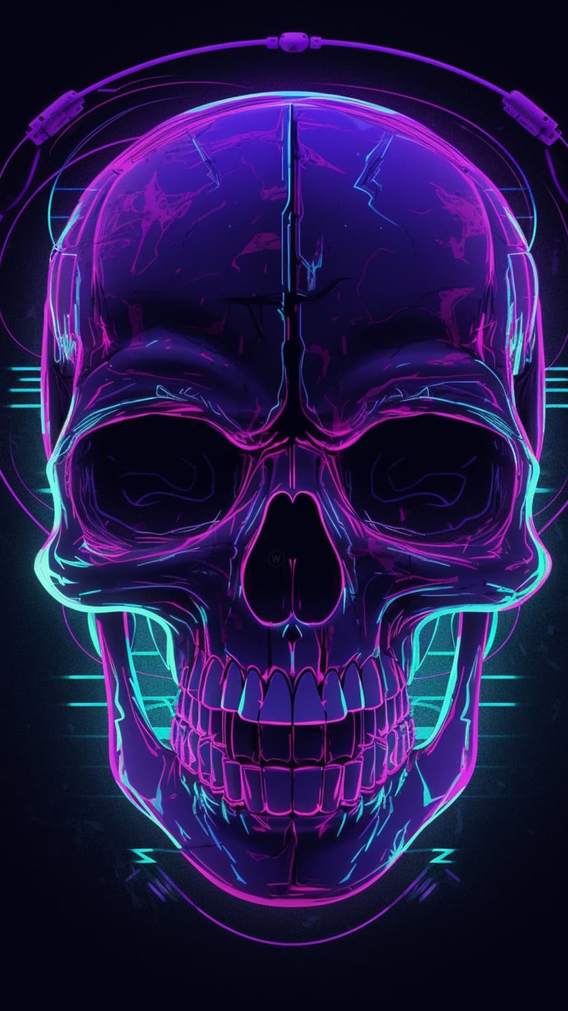 Neon purple and cyan skull wearing glowing headphones with fiber-optic wires against a dark, shadowy background.