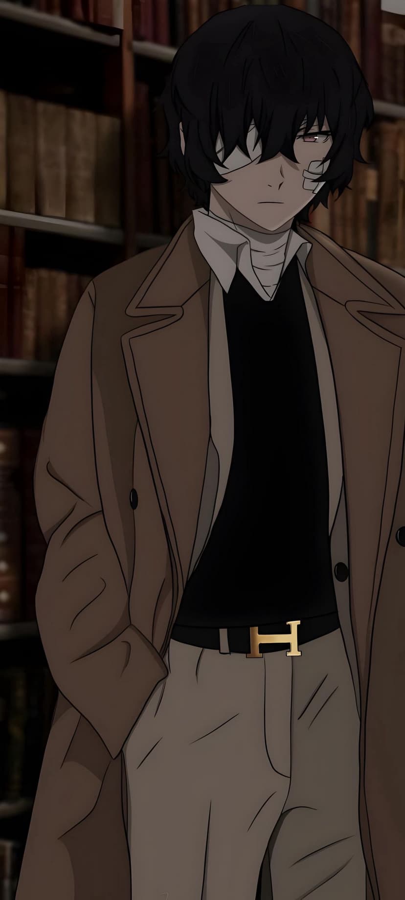 Anime boy wearing an eyepatch and a brown trench coat stands before bookshelves with a gold H buckle belt visible.