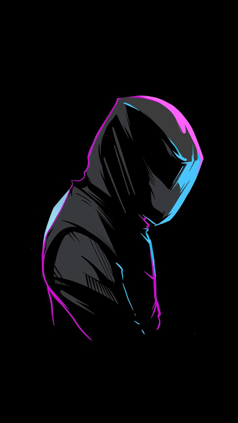 Hooded figure silhouetted by vibrant pink and cyan neon light outlines against a deep black background.