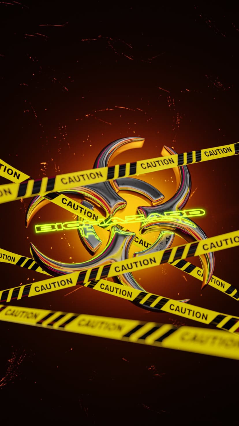 Metallic biohazard symbol glowing with neon green light surrounded by yellow caution tape and floating fire embers.