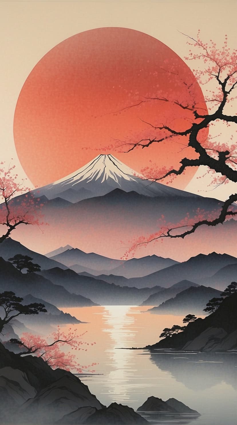 Snow-capped Mount Fuji rises behind pink cherry blossoms reflected in a still lake during a misty sunrise.