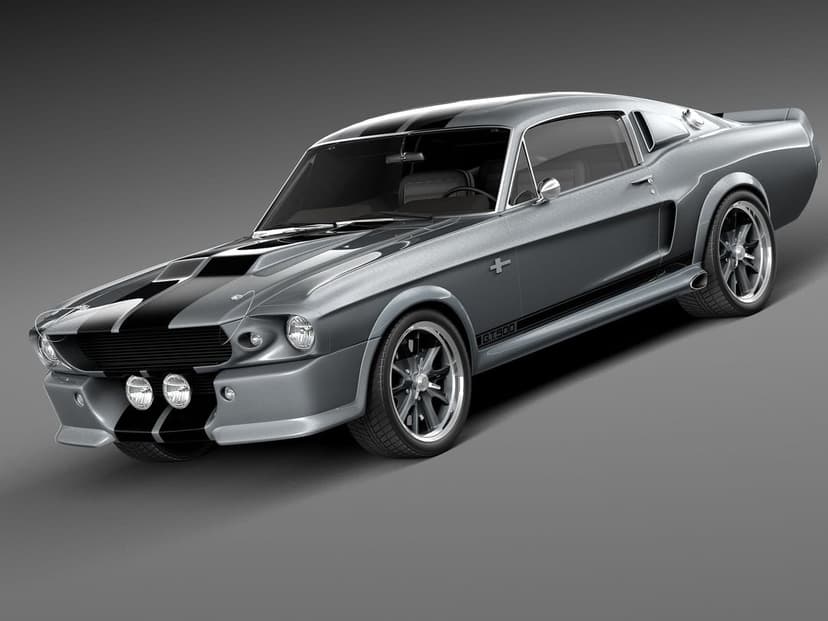 Silver 1967 Shelby Mustang GT500 Eleanor with black racing stripes in a clean studio lighting environment.