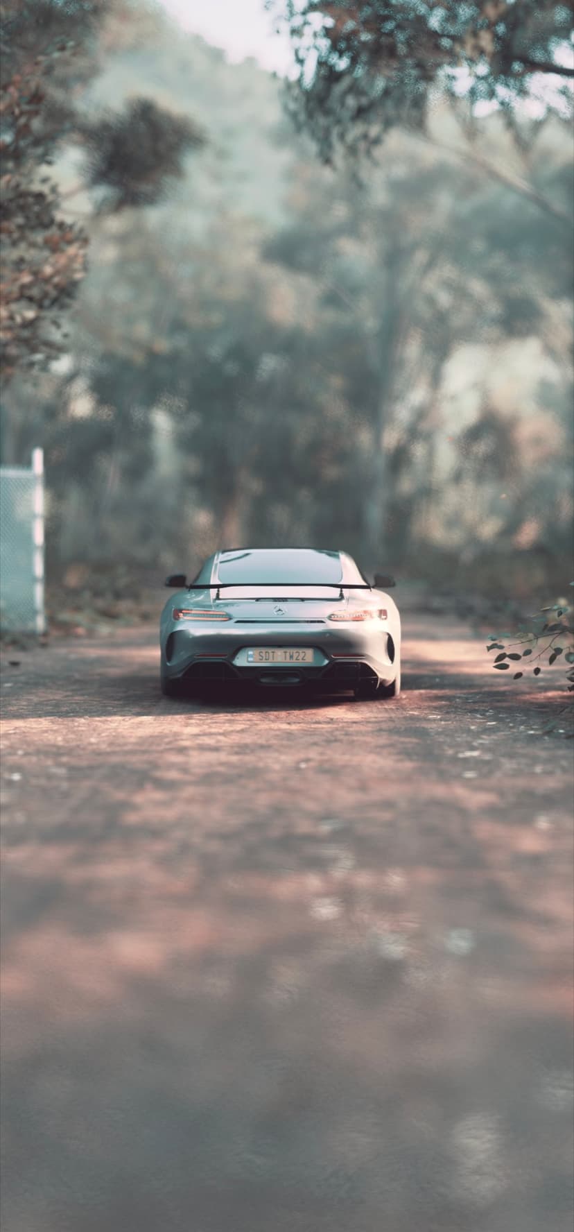 Silver luxury sports car parked on a foggy dirt road among tall pine trees with soft morning light and mist.