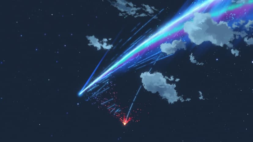Your Name anime wallpaper showing characters standing on a mountain peak under a vivid purple twilight sky.