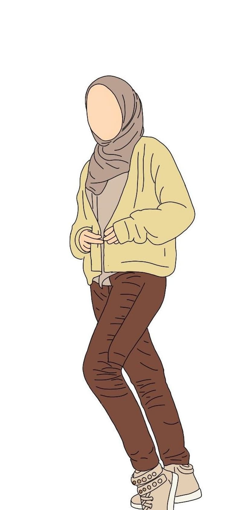 Faceless woman wearing a light brown hijab and a yellow cardigan over a beige shirt while adjusting her clothing.