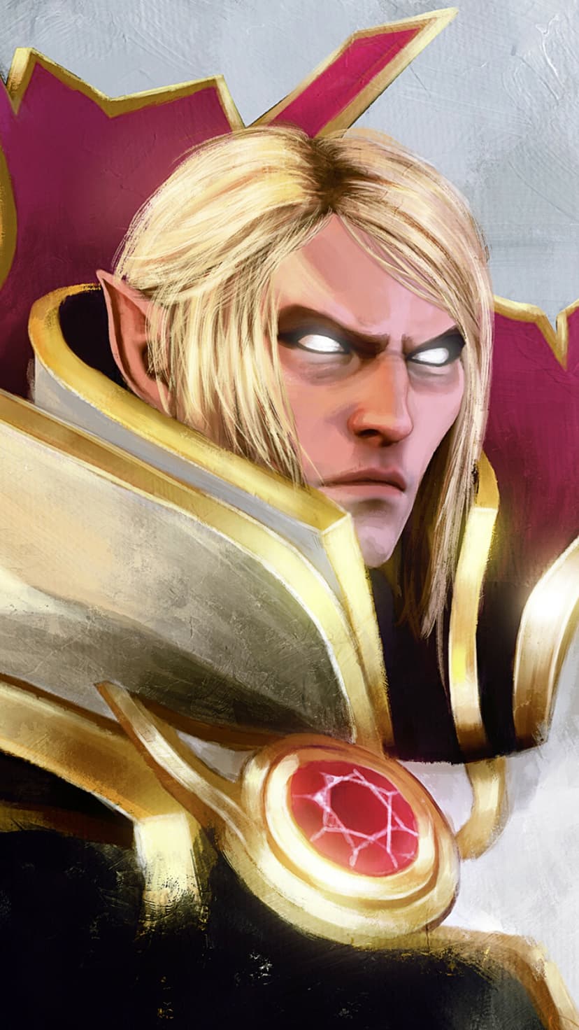 Stern blonde elf with glowing white eyes wearing ornate gold armor and a high purple collar.